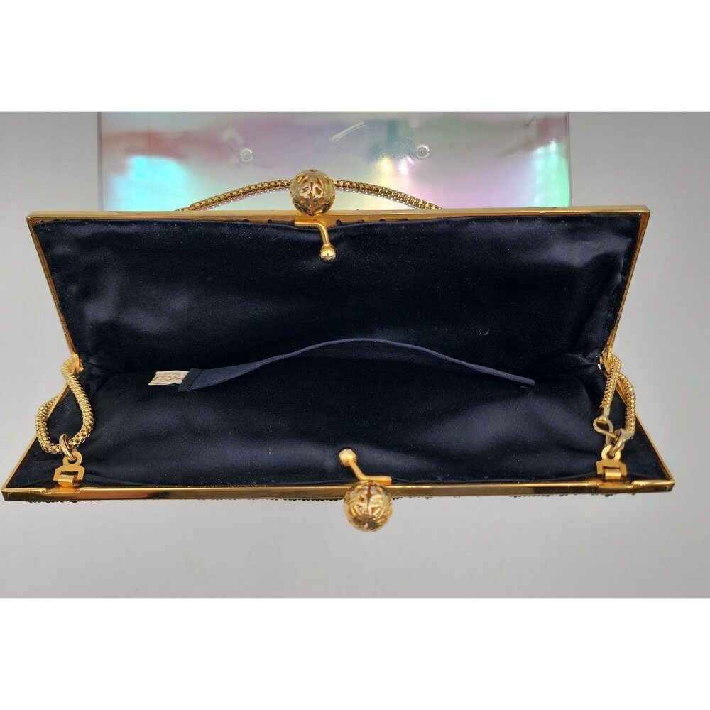 VTG Black & Gold Hand-Beaded Evening Bag Ornate Design & Chain Strap By Walborg - Picture 4 of 16
